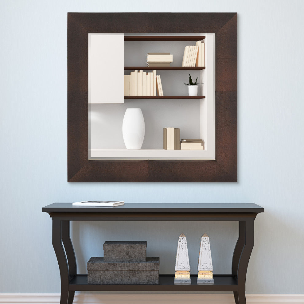 Beveled Square Wall Mirror,Bronze on Black Metallic Shagreen Leather Framed48x48