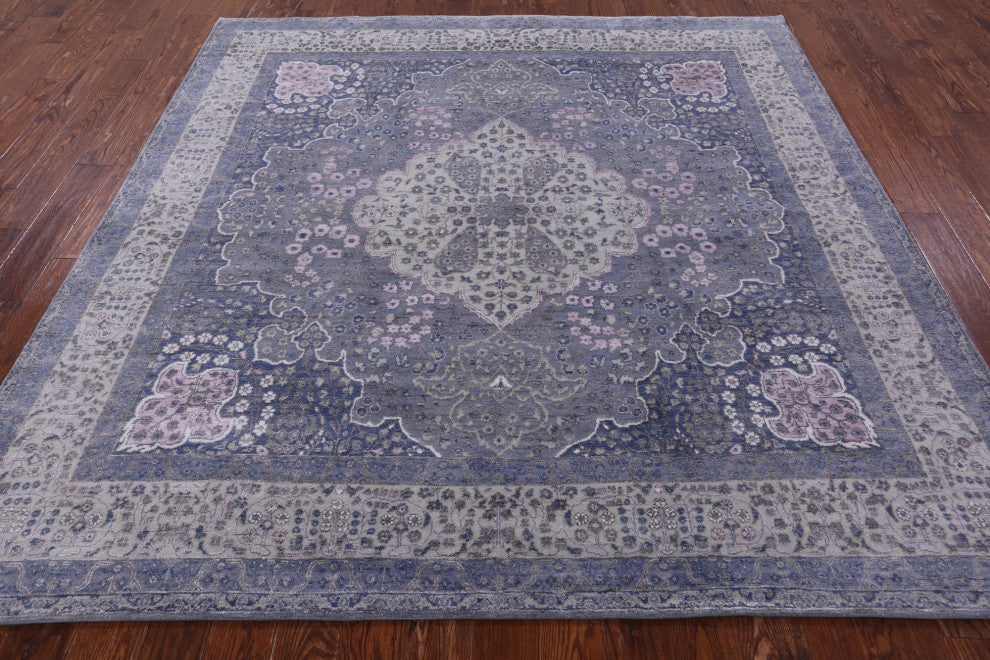 8' Square Persian Tabriz Wool and Silk Hand Knotted Rug Q12096