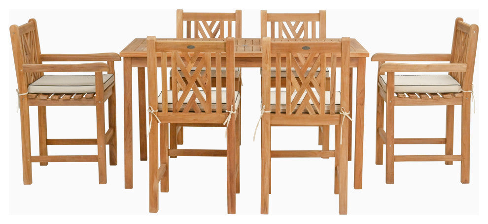 7 Piece Teak Chippendale 71" Rect Bistro Counter Set, 2 Arm and 4 Side Stools