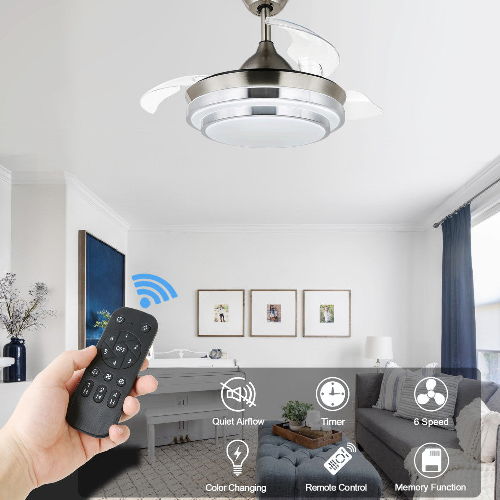 36" Modern Retractable Ceiling Fan With Light Kit, Remote Control, Chrome