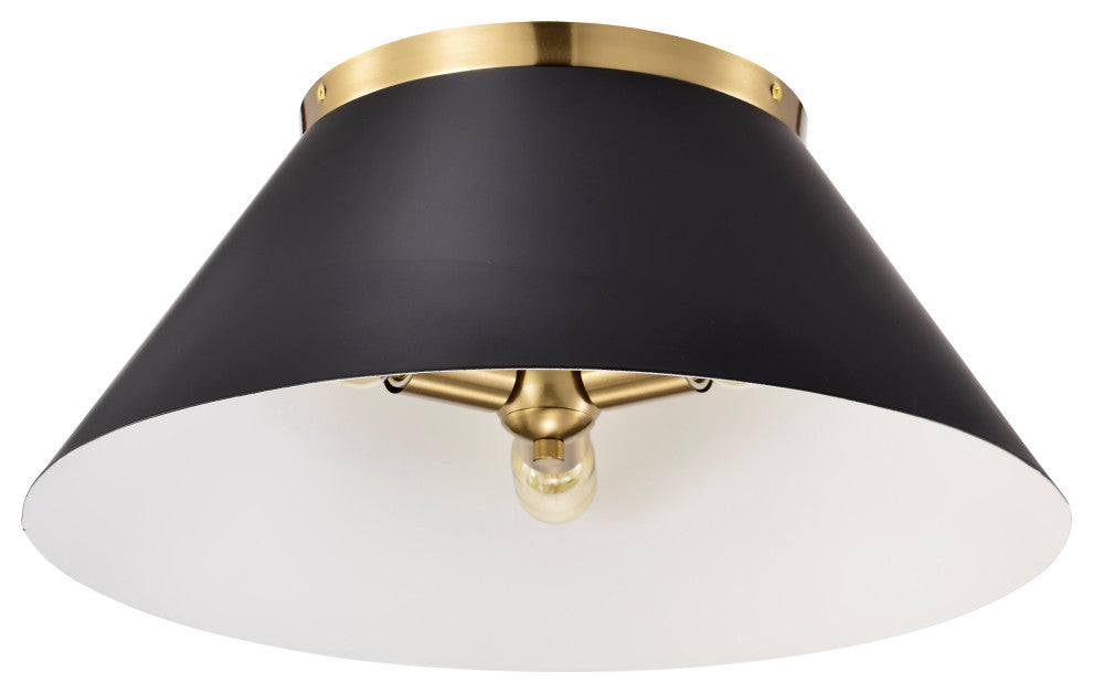 Dover 3-Light Large Flush Mount Fixture, Black With Vintage Brass