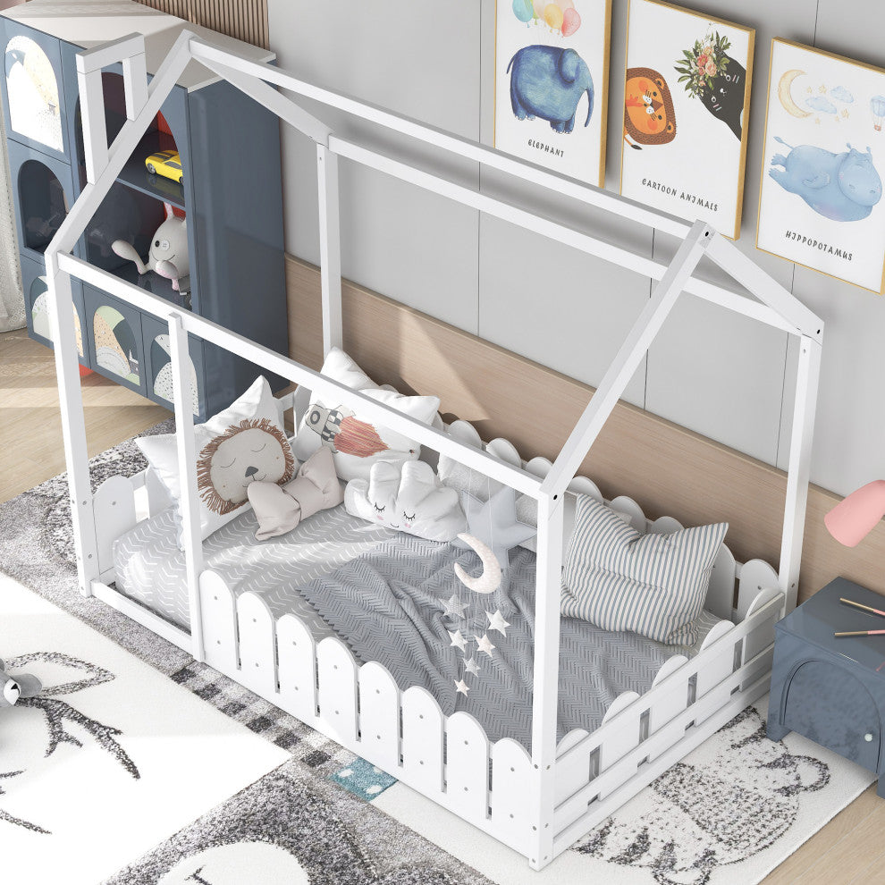 Gewnee Twin Size Wood Bed House Bed Frame with Fence, for Kids, In White