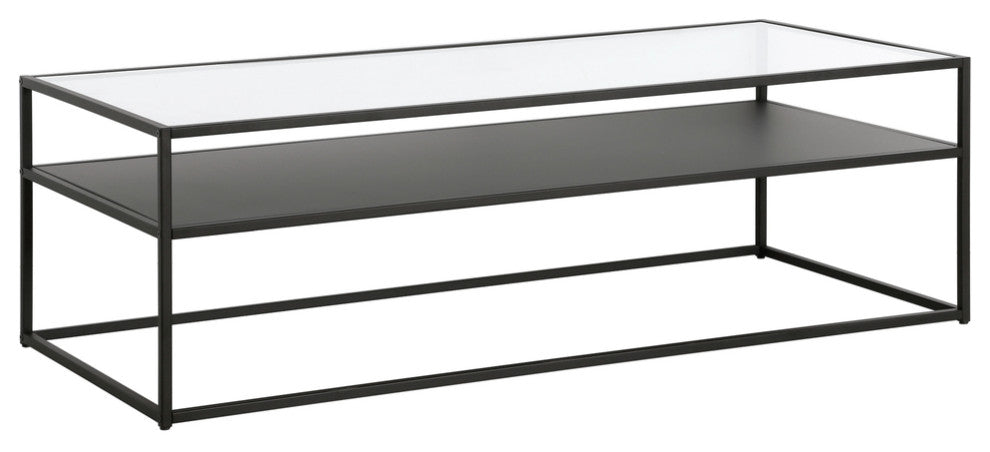 54" Black Glass And Steel Coffee Table With Shelf