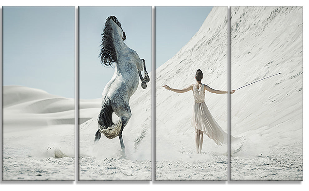 Huge Horse and Lady on Desert, Animal Canvas Wall Art, 48"x28", 4 Panels