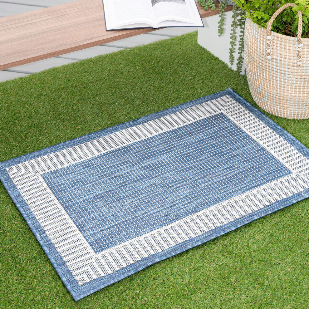 Elgin Transitional Striped Border Blue/Cream Indoor/Outdoor Scatter Mat 2'x3'