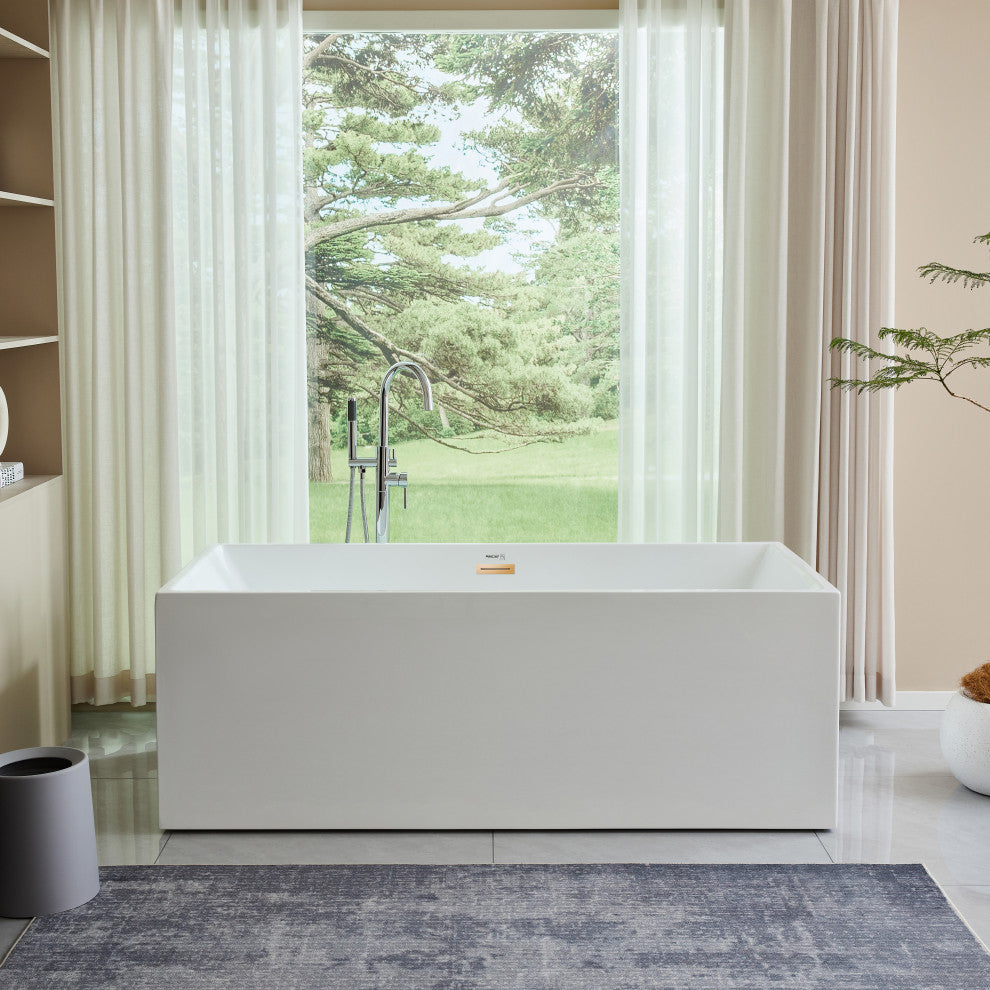 Freestanding Acrylic Bathtub, White/Titanium Gold