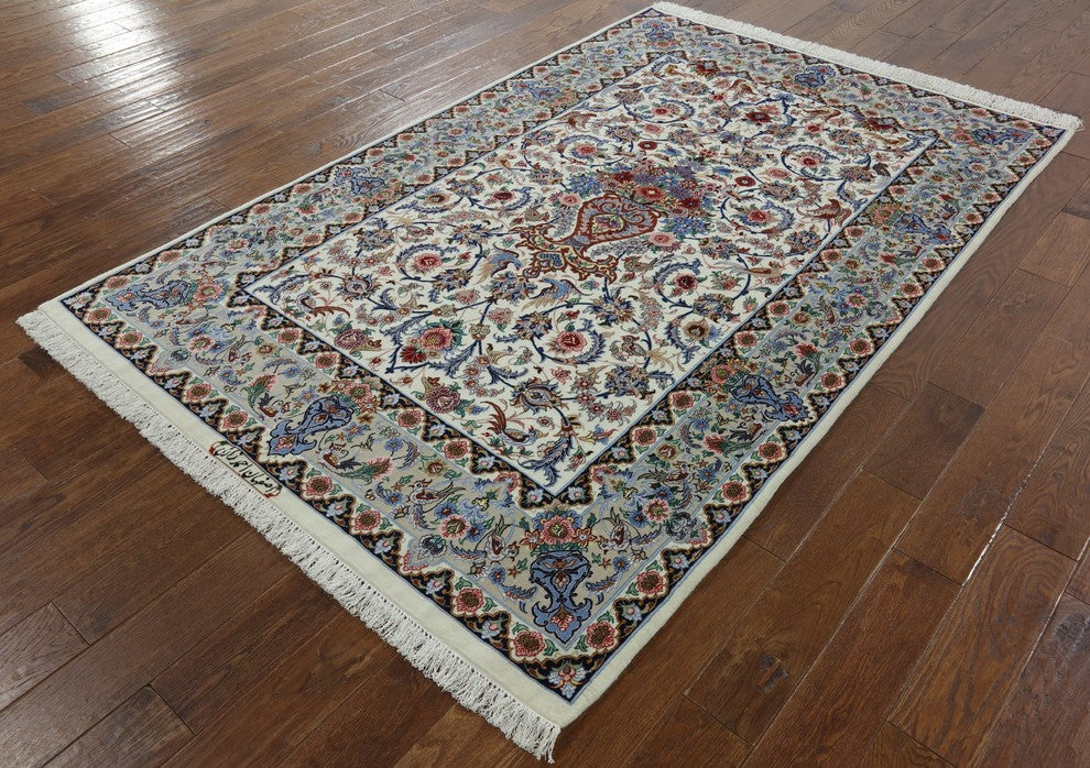 Wool and Silk Authentic Persian Hand Knotted Signed Isfahan Area Rug, 5'x8'