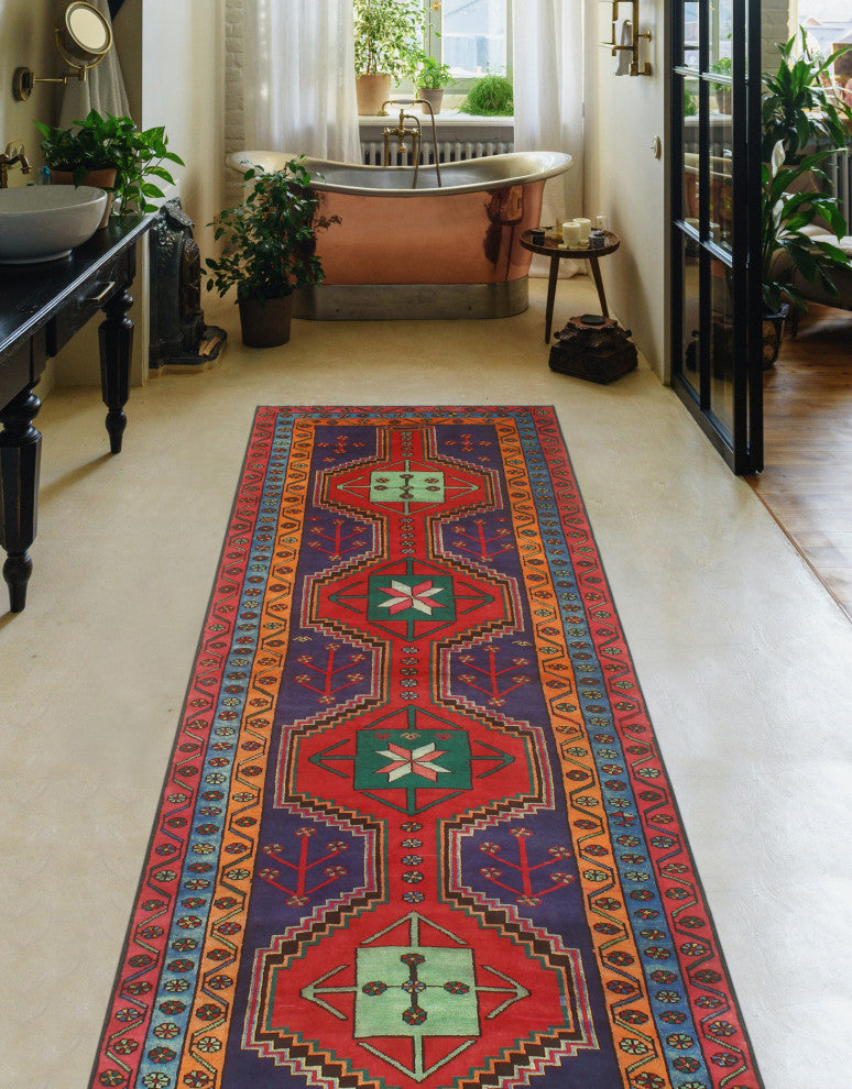 Fine Vintage Distressed Parvin Red/Navy Runner, 3'8 x 11'10