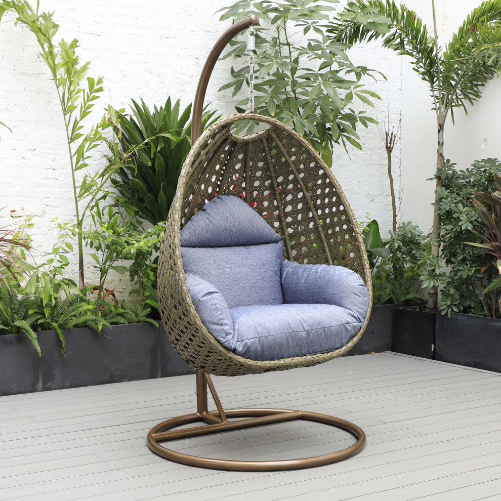 LeisureMod Beige Wicker Hanging Egg Swing Chair With Stand and Cushion, Charcoal Blue