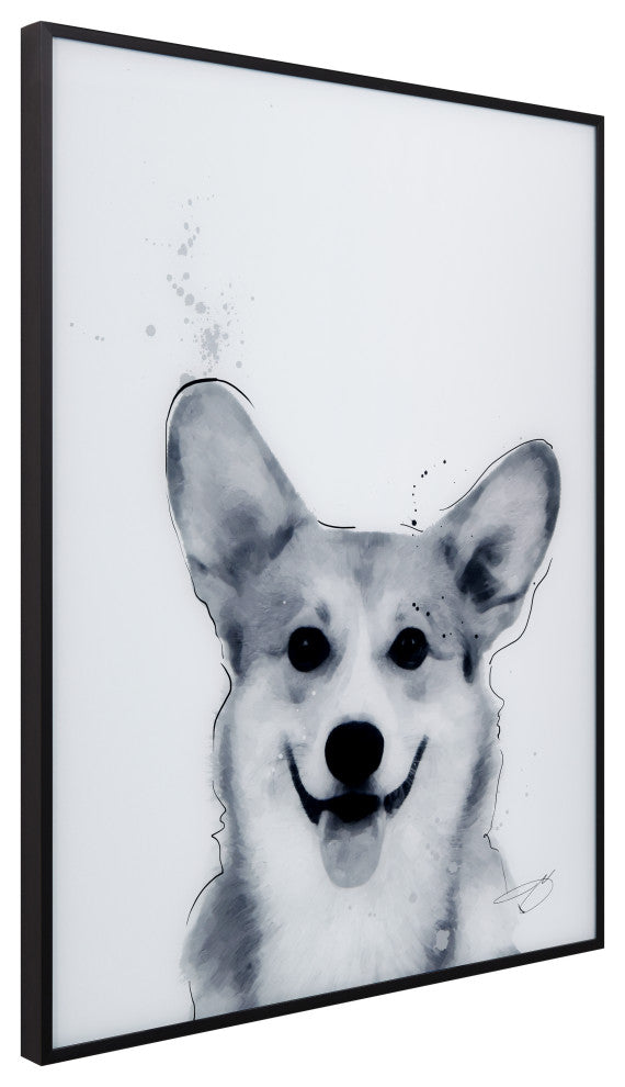 "Corgi" Black and White Pet Art on Printed Glass with Gunmetal Anodized Frame