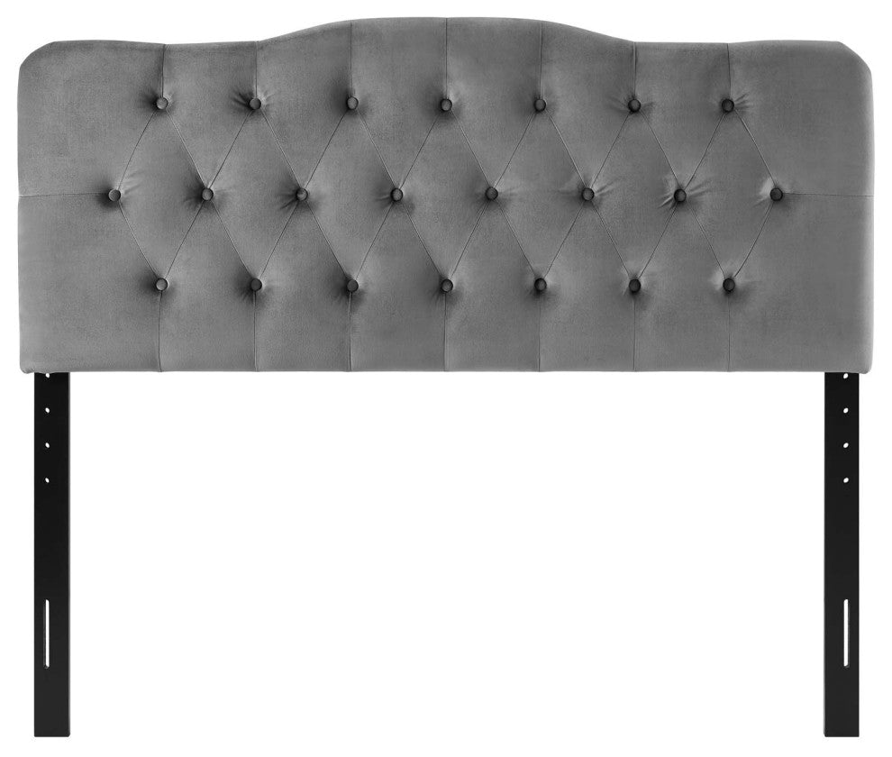 Contemporary Modern Queen Size Tufted Headboard, Velvet Fabric, Grey Gray