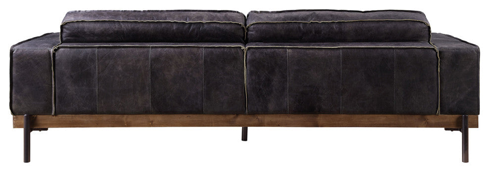 Top Grain Leather Sofa with Metal Legs in Antique Ebony