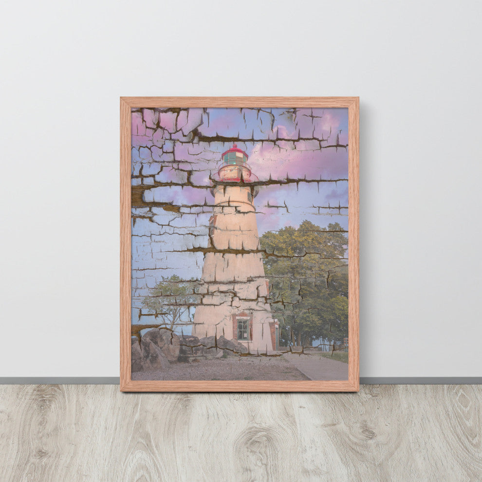 Faux Wood Texture Marblehead Lighthouse at Sunset Framed Photo Wall Art Print, Red Oak, 16" X 20"