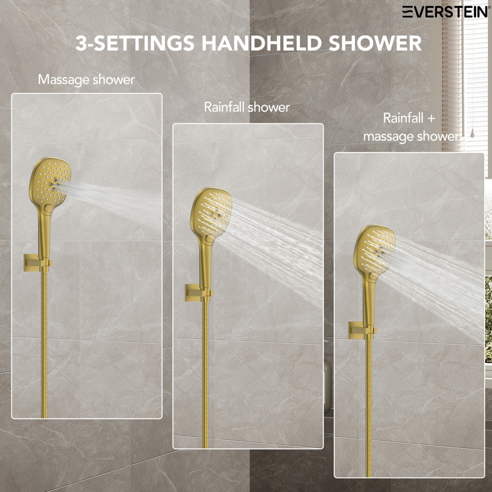 Pressure Balanced Shower System with 3-Setting Hand Shower, Brushed Gold, 10"