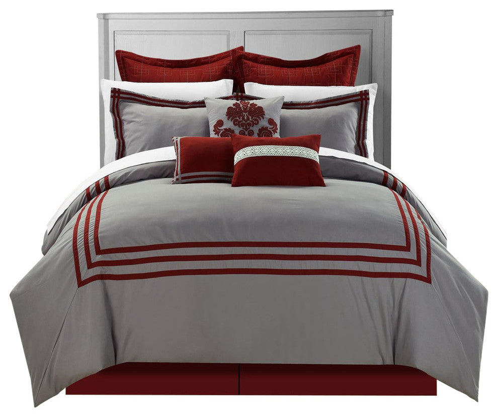 Cosmo Red King 12-Piece Embroidered Comforter Bed In A Bag With Sheet Set