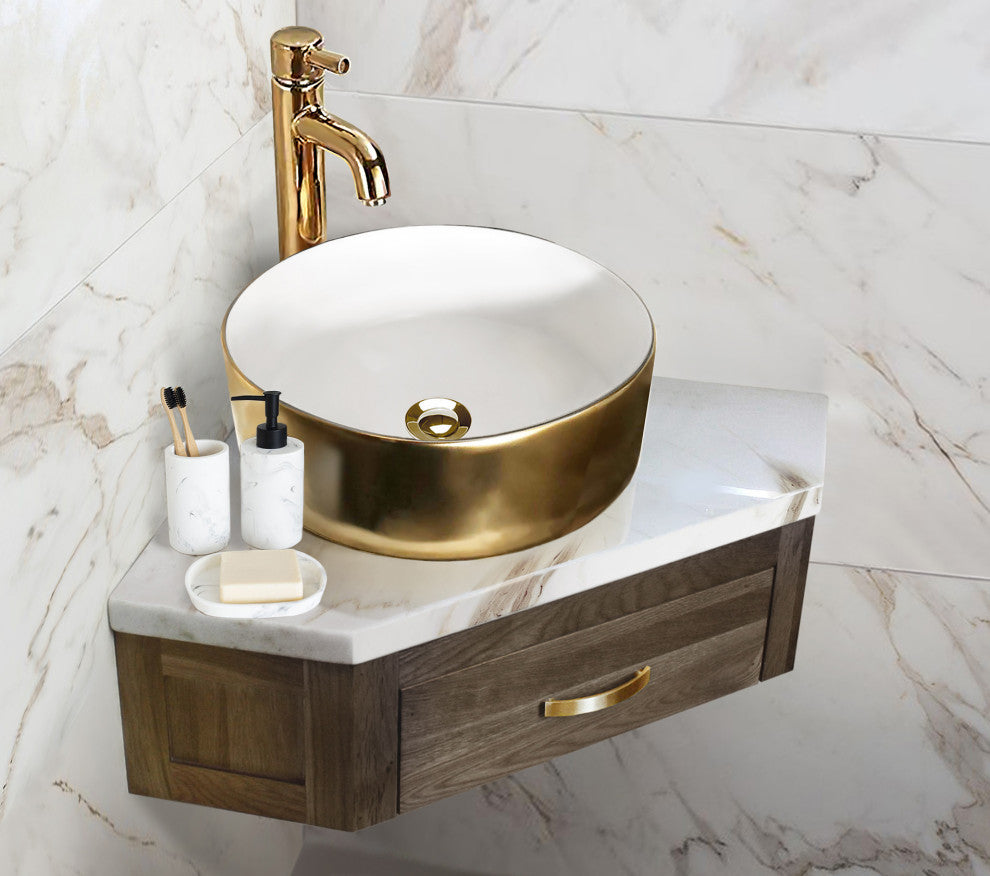 White and Gold Round Vessel Sink 15-3/4"
