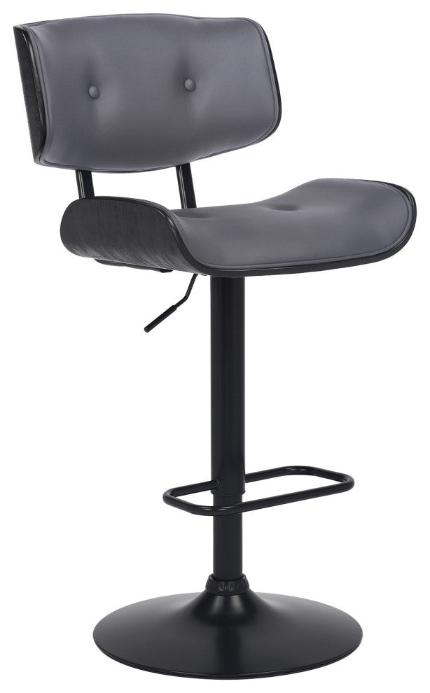 Adjustable Gray Tufted Faux Leather and Black Wood Swivel Barstool.