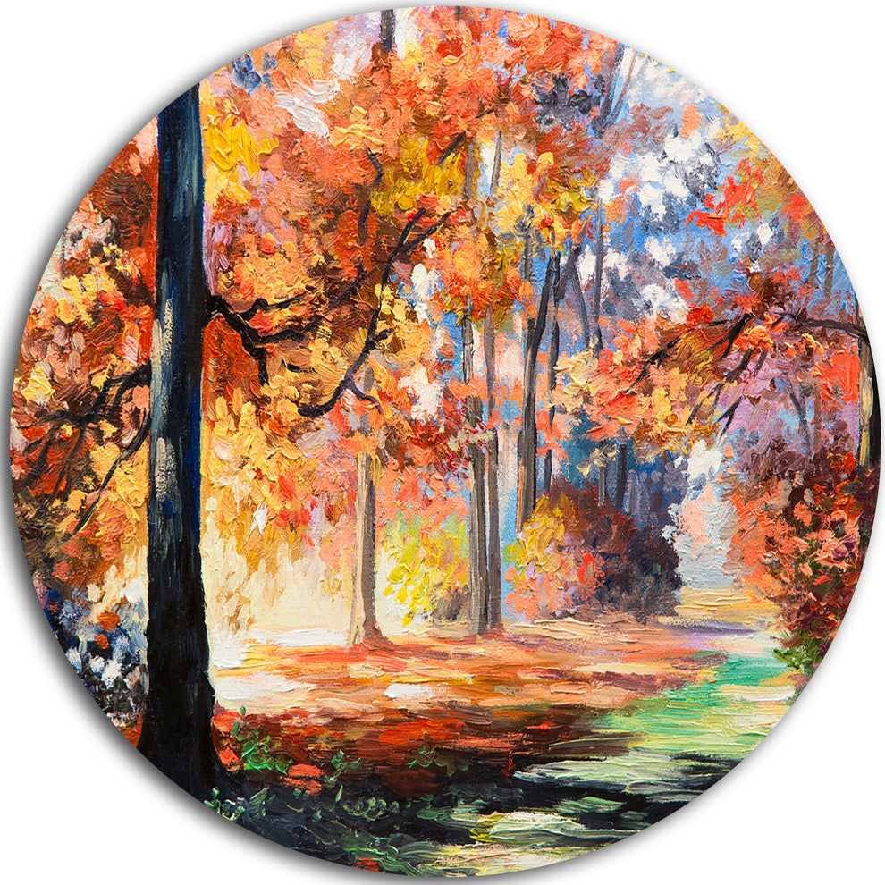 Fall Trail In Forest, Landscape Disc Metal Artwork, 38"