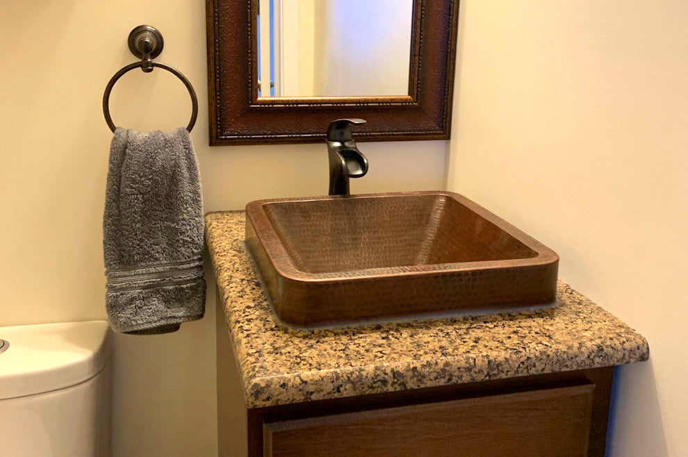 15" Square Skirted Vessel Hammered Copper Bathroom Sink