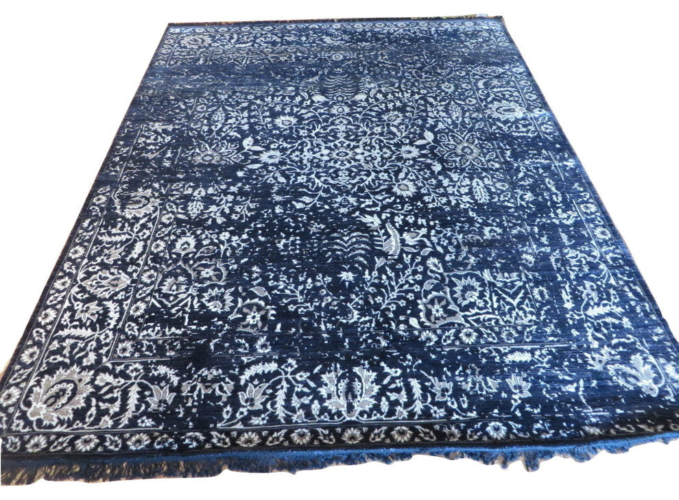 8x10 Hand Knotted Black Tone On Tone Wool & Silk Oriental Rug