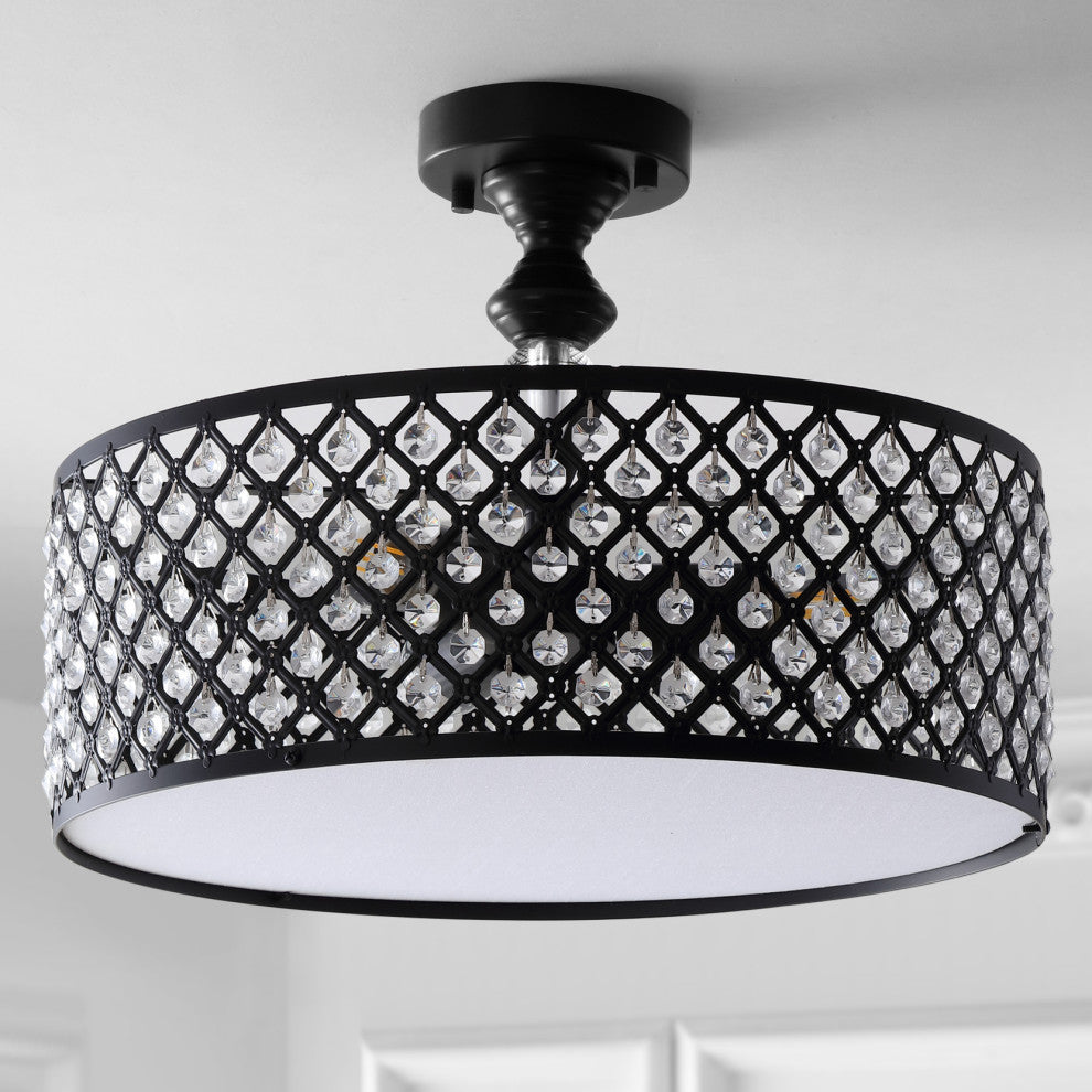 Elise 17" 3-Light Crystal and Metal Drum Semi-Flush Mount, Black