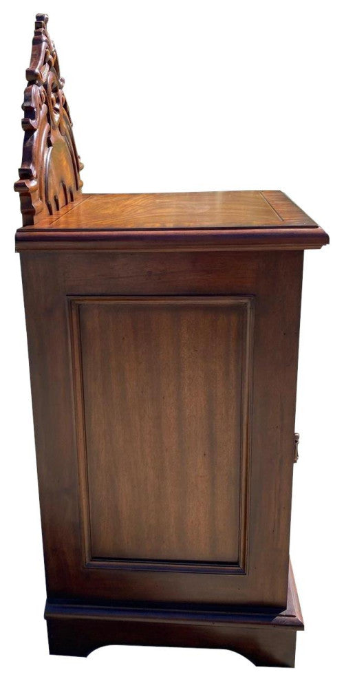 Victorian Nightstand Carved Mahogany, Burl Inlay Wood, 1-Door 1-Drawer