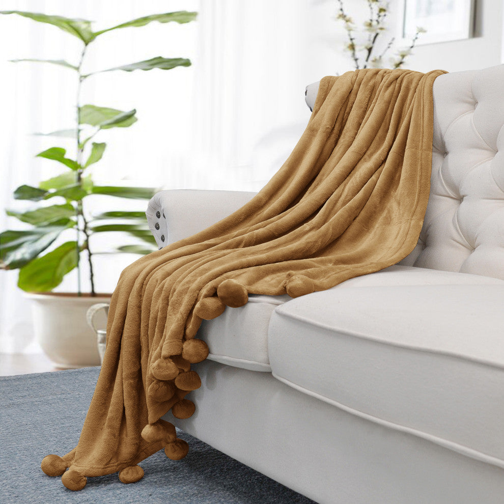 Pom Pom Flannel Fleece Throw Blanket, Amphora, 50" X 60"