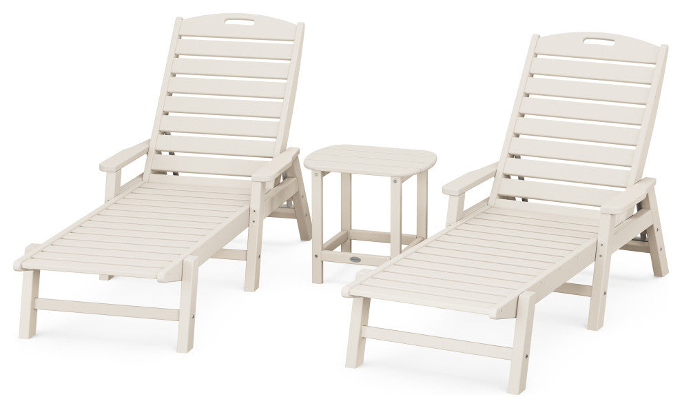 Nautical 3-Piece Chaise Lounge, Arms Set, South Beach 18" Side Table, Sand