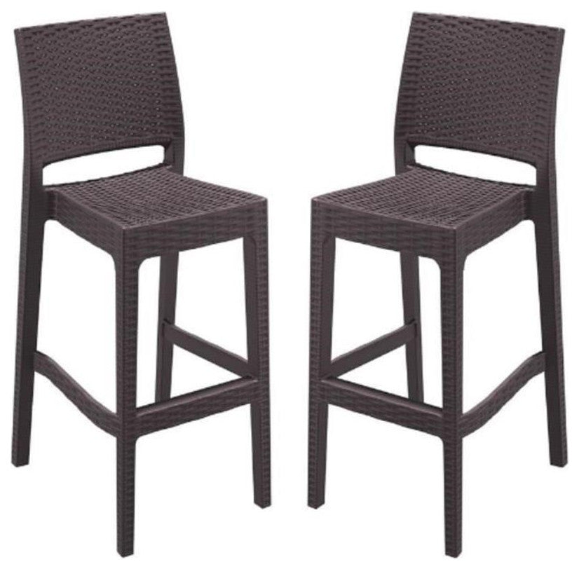 Home Square 30" Resin Wickerlook Patio Bar Stool in Brown - Set of 2