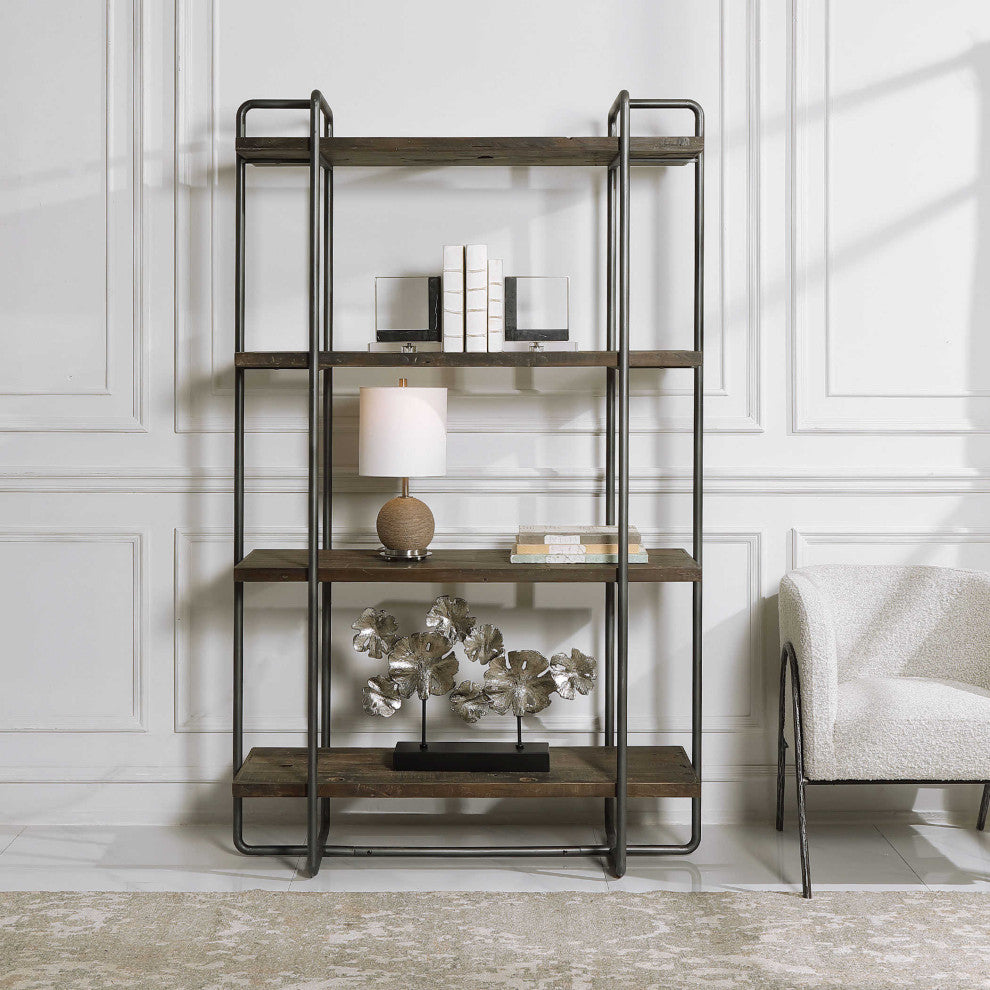Rustic Modern Industrial Urban Etagere Steel Reclaimed Wood Shelves Open