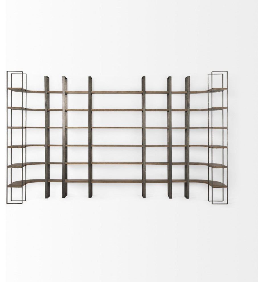90" Brown Distressed Metal and Solid Wood Six Tier Bookcase