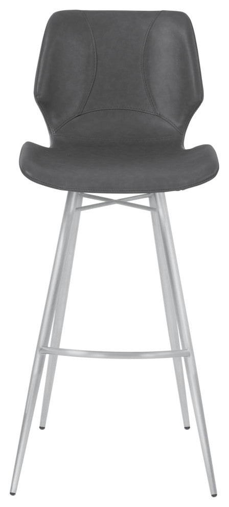 30" Bar Height Metal Barstool In Gray Faux Leather, Brushed Stainless Steel