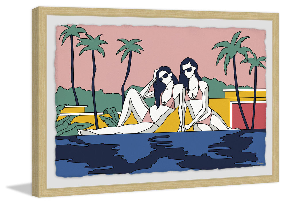 "Girls Sunbathing by the Pool" Framed Painting Print, 18"x12"