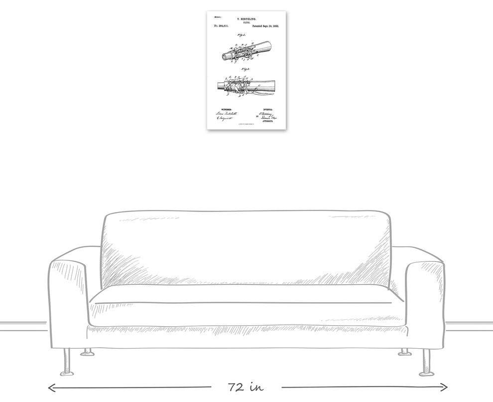 Vintage Flute Sketch Patent 16"x24" Print on Canvas