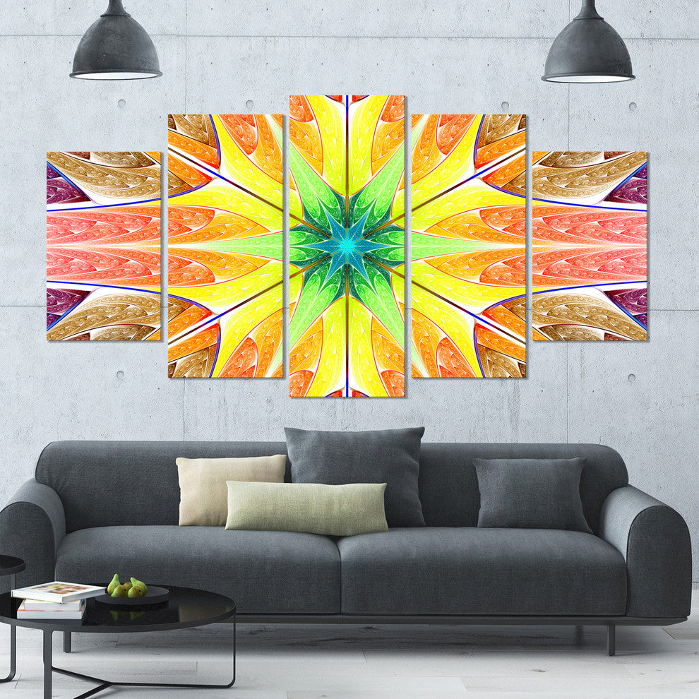 Yellow Glowing Fractal Texture, Contemporary Canvas Art Print, 60"x32", 5 Panels