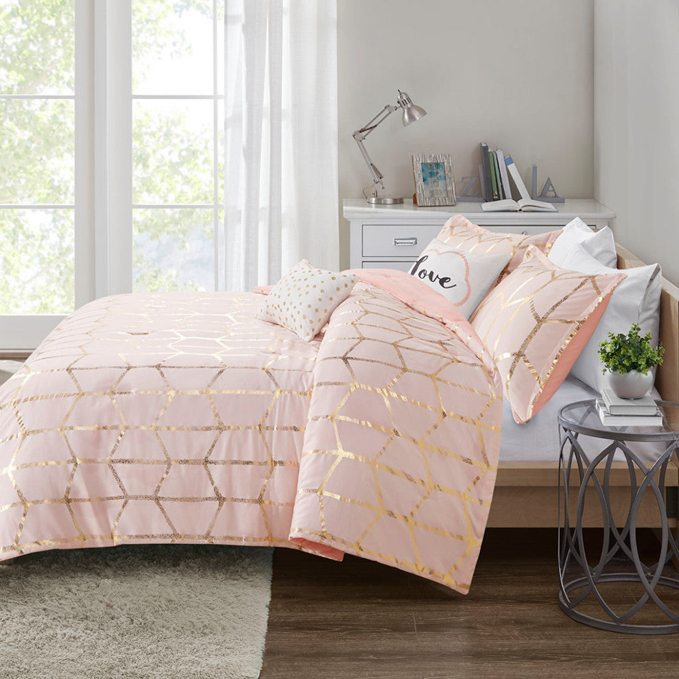 Intelligent Design Raina Metallic Printed Comforter Set, Blush/Gold