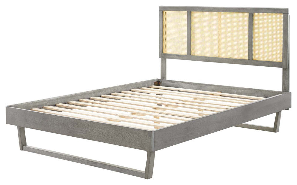 Platform Bed Frame, Queen Size, Wood, Gray, Modern Mid-Century, Bedroom