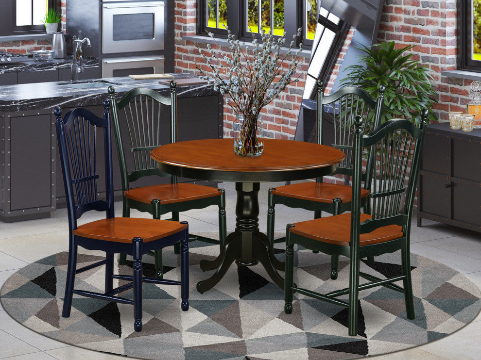 5Pc Hartland Set, One Dining Table, Four Leather Seat Chairs, Black, Cherry.