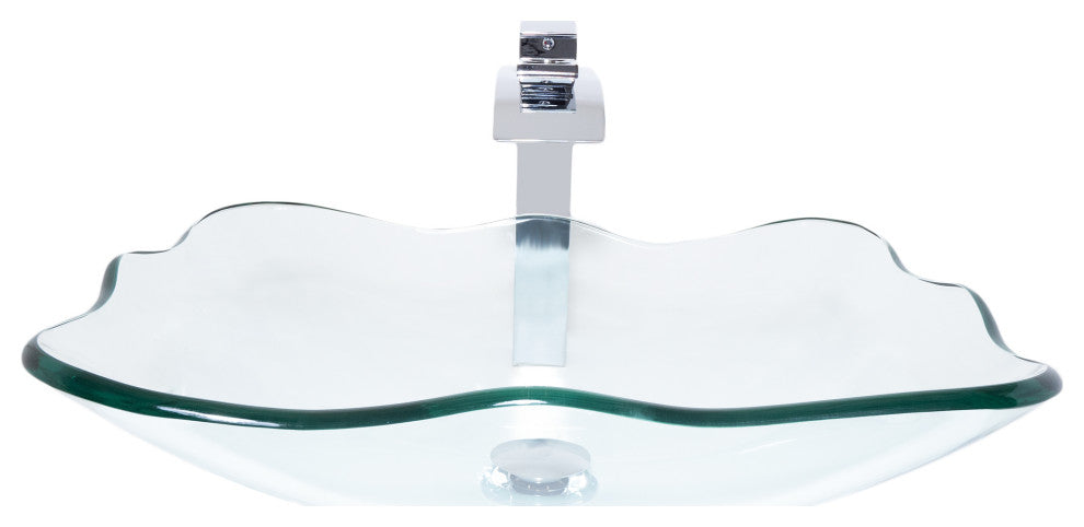 Clear Scalloped Tempered Glass Vessel Bathroom Sink Combo with Faucet and Drain, Chrome