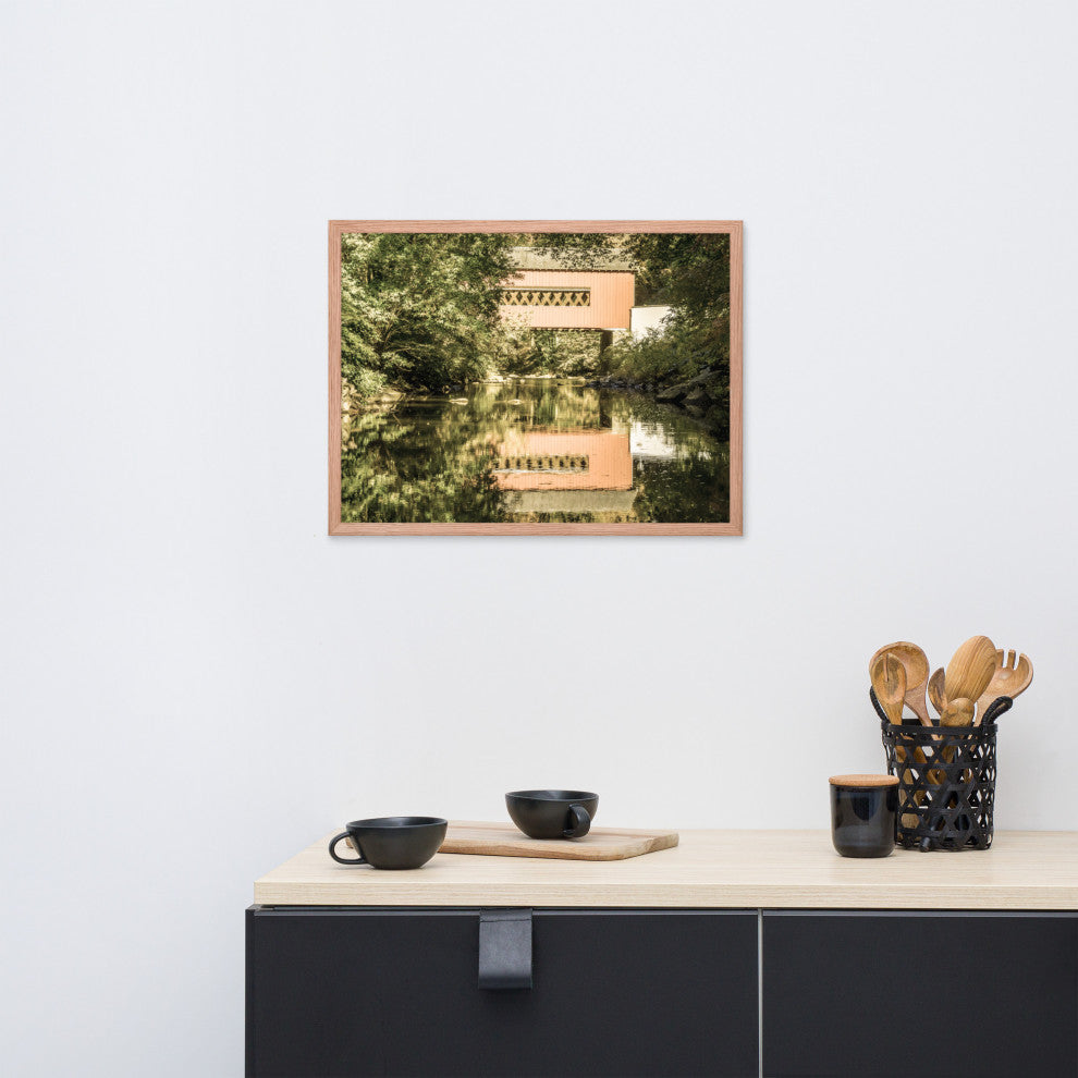 The Reflections of Wooddale Covered Bridge Aged Framed Photo Wall Art Print, Red Oak, 18" X 24"