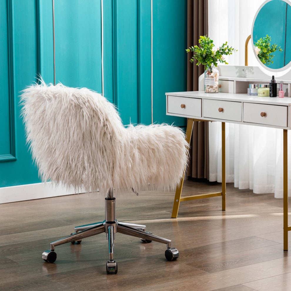 Modern Faux fur home office chair, fluffy chair for girls, White