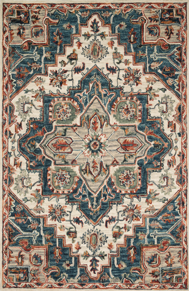 Blue, Red Wool Hooked Victoria Area Rug, 2'-6"x7'-6"