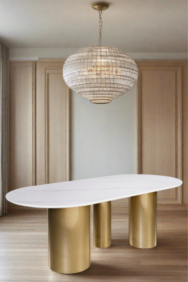 Balmain Stone Top Oval Dining Table for 6, Gold and White