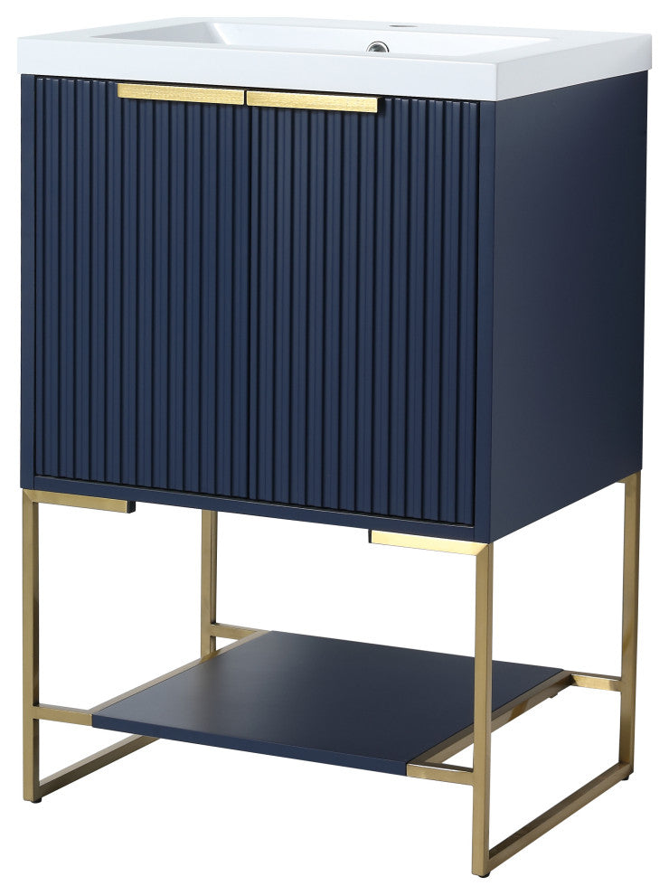 Plywood Freestanding Bathroom Vanity Set with White Ceramic Sink , Navy Blue, 24
