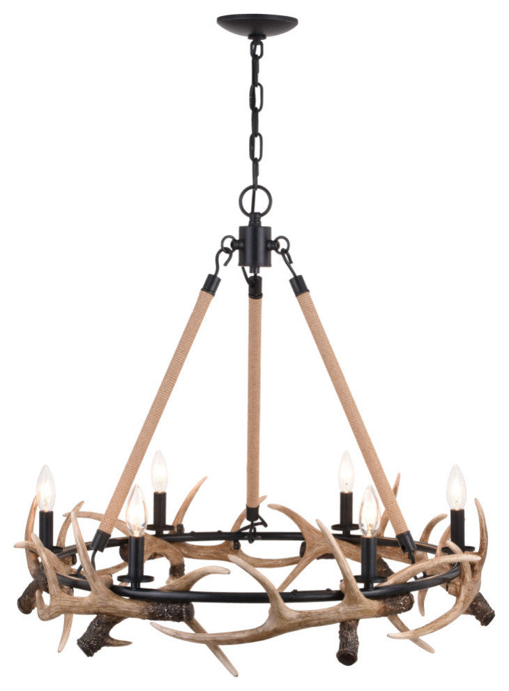 Breckenridge 30.5" 6 Light Antler Chandelier Aged Iron with Natural Rope