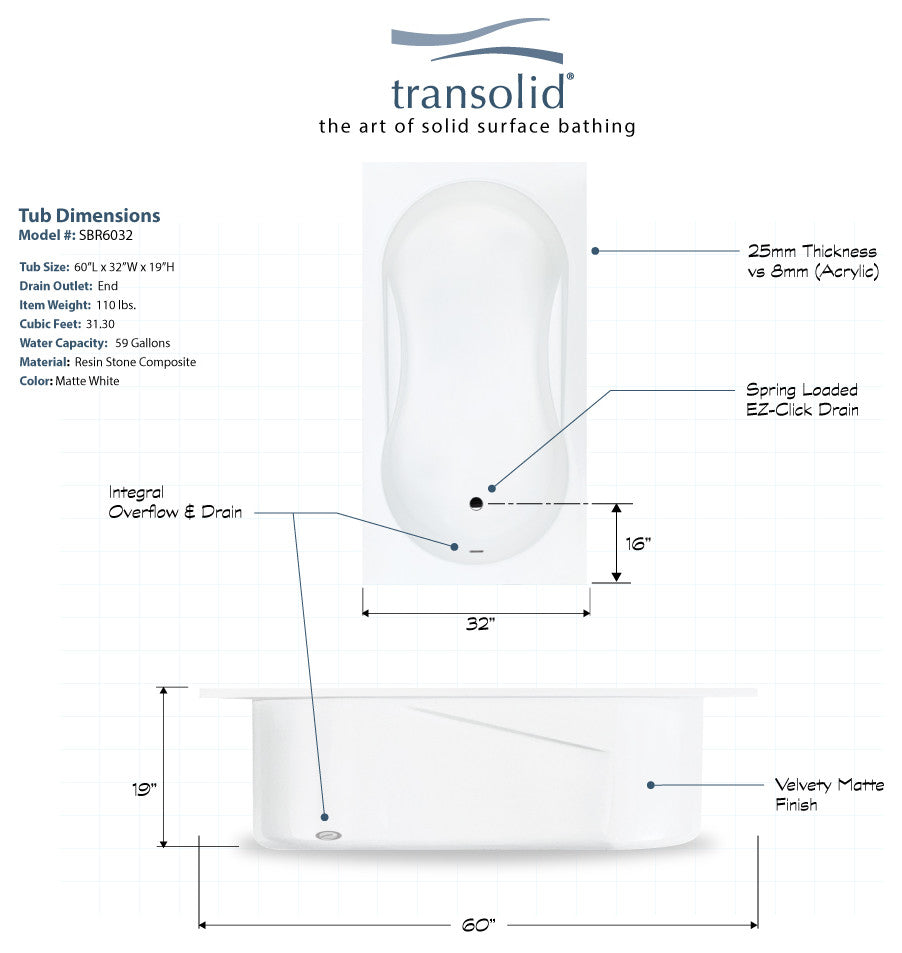 Brookfield 60"x32"x19" Artificial Stone Drop" Bathtub, Front Side Skirts, White