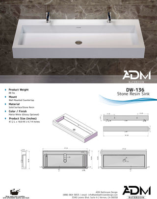 ADM Double Rectangular Wall Mounted Sink, White, 47", Matte White