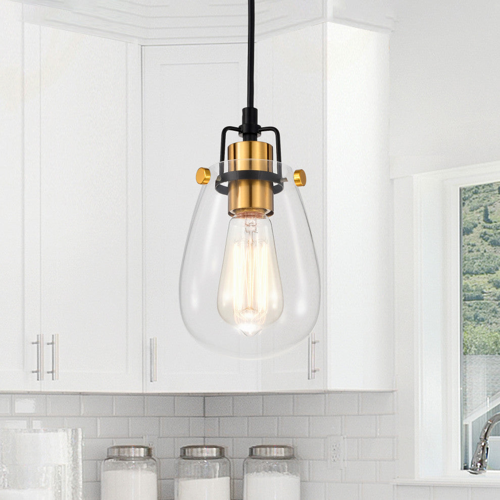 Ontario 1-Light Black and Antique Gold Mini Pendant With Clear Glass Shade