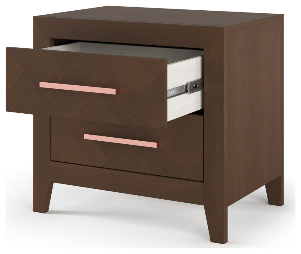 Transitional Nightstand, 2 Drawers With Herringbone Pattern, Toasted Chestnut