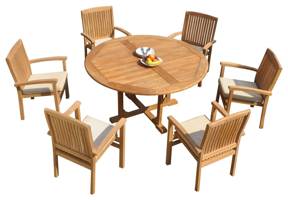 7-Piece Outdoor Teak Dining Set: 60" Round Table, 6 Wave Stacking Arm Chairs